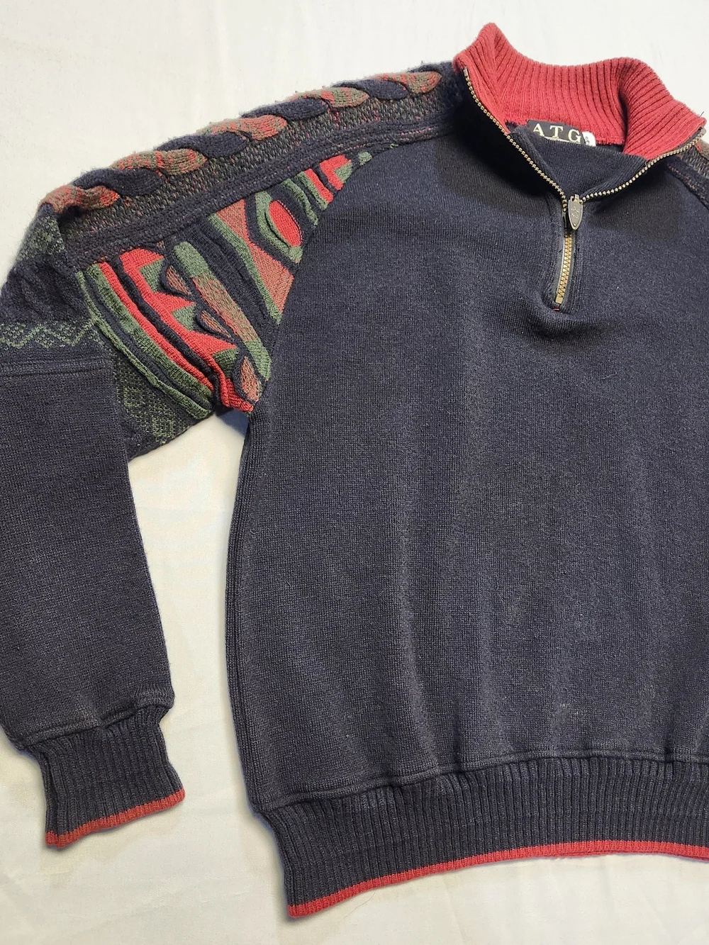 ATG All Terrain Gear 1/4 Zip Sweater Crochet 3D Knit Coogie Sleeves Men's S Y2K